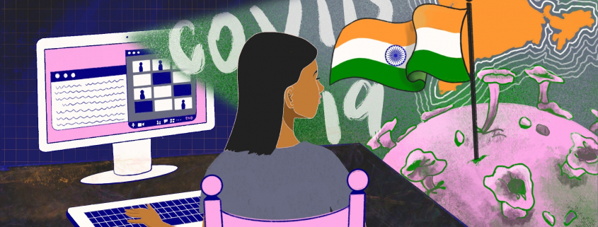 An animation of a girl sitting on a pink chair in front of her desktop, typing on her keyboard. The screen flashes covid 19, flag and map of India and the world globe.