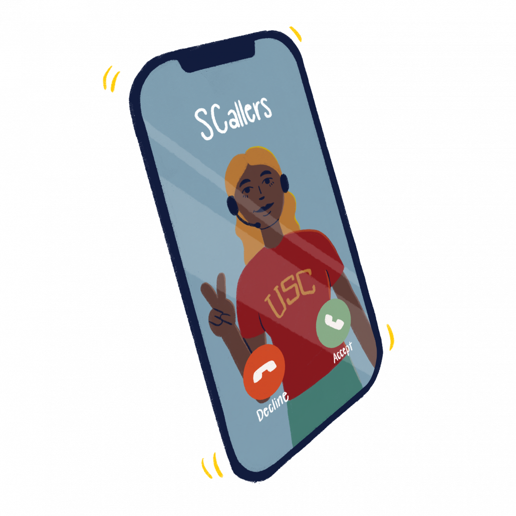 An art piece of a phone with an incoming call. The caller is "SCallers" and an image of a girl wearing a red usc shirt and throwing the fight on sign appears on the screen.