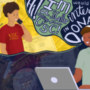 An art graphic with a person wearing a USC shirt on the phone layered on top of money. A girl with a headpiece is working on her laptop with a text bubble including the words "Hi! I'm a SCaller from USC! Would you be interested in donating?" Photos of USC including bovard, the logo and graduation sash are layered on the background
