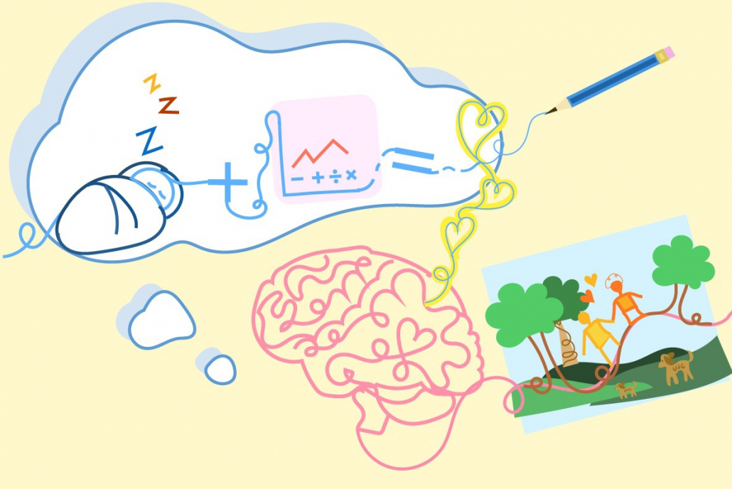 Graphic showing a baby sleeping and math equations, a brain and a family. 
