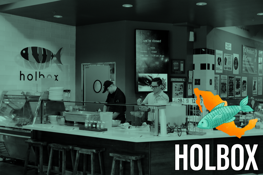 Stylized image of the inside of a restaurant store front with two men in front of a sign that says "Holbox" with a metal fish above it. The image is filtered blue and the text in the bottom right corner reads "Holbox" with a design of a fish and a map rendering of the map of Mexico. 