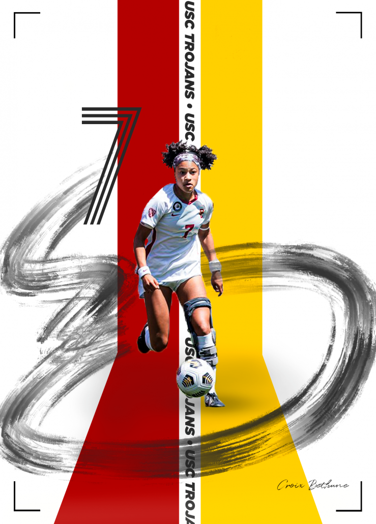 Junior midfielder Croix Bethune, number 7, is pictured running with a soccer ball. She is surrounded by a dark grey swirl, and red and yellow lines run behind her. 