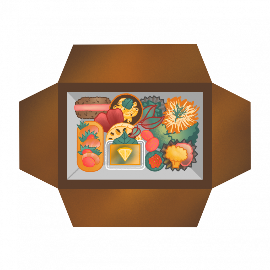 Drawing of a bento box filled with various foods. 