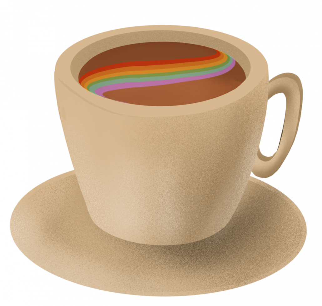 Drawing of a light brown mug containing coffee and a rainbow.