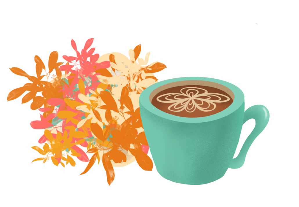Drawing of a coffee cup with flowers behind it. 