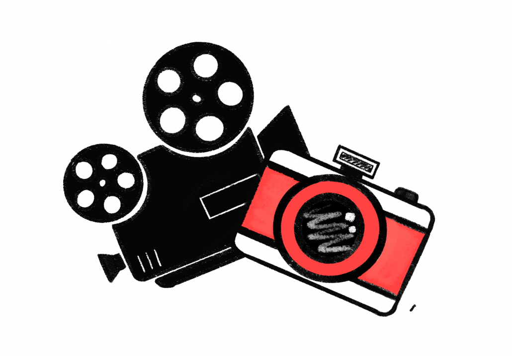 An illustration of a black film camera and a red camera. 