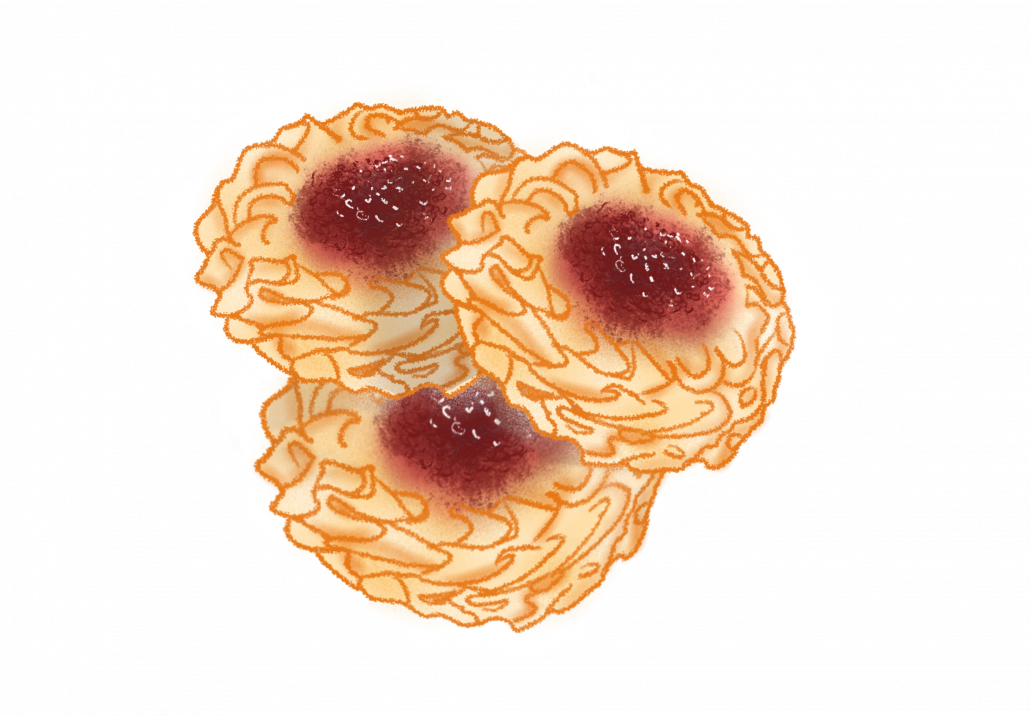 Drawing of three raspberry-filled cookies.