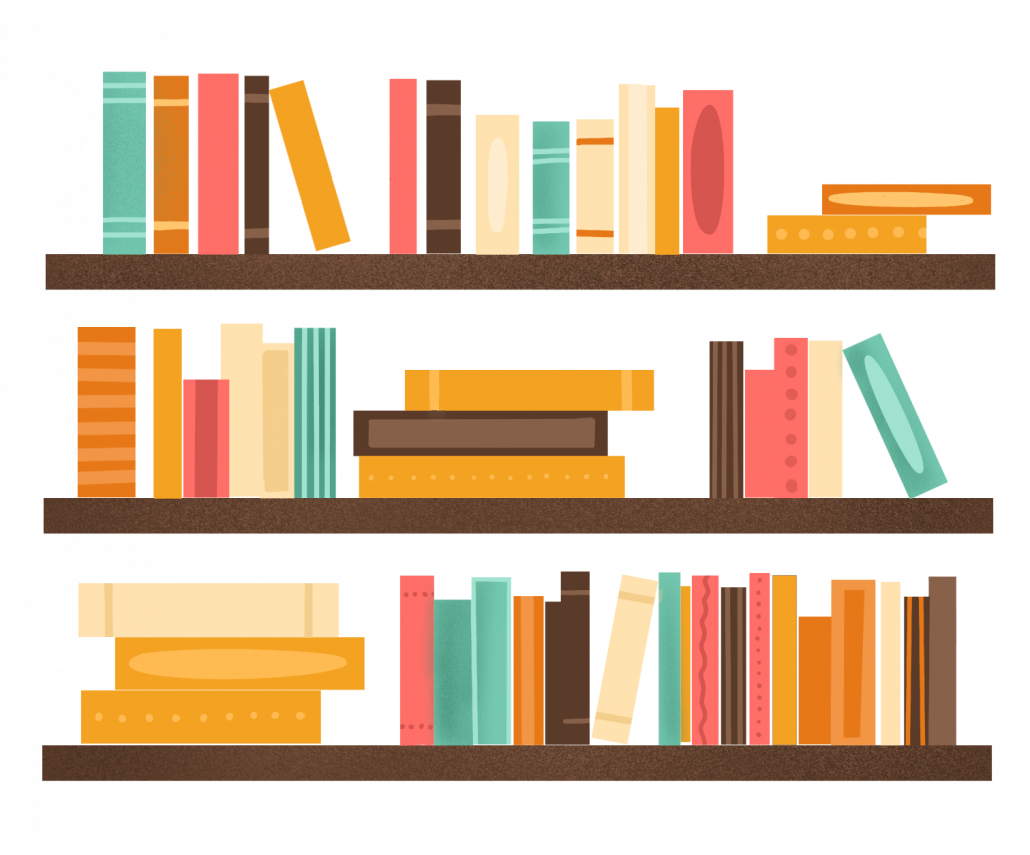 Drawing of a brown bookshelf with several multicolored books resting on it. 