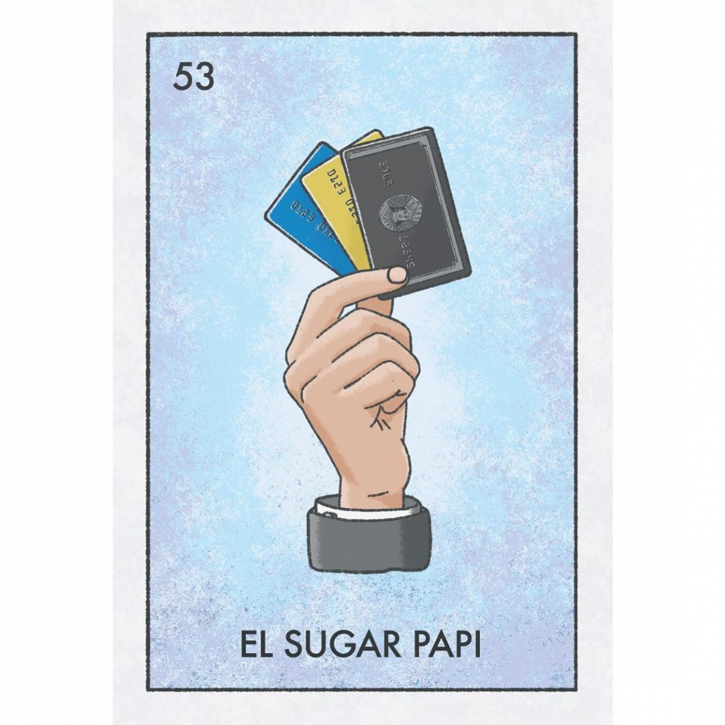 Drawing of a hand with credit cards in it with the words El Sugar Papi on the bottom. 