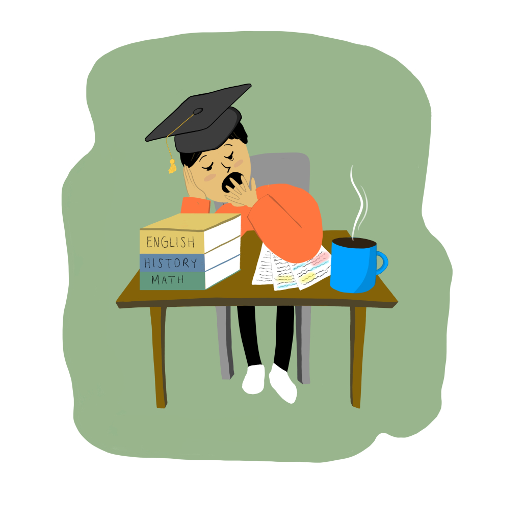 A drawing of a person wearing a graduation cap while leaning on a desk. The student has a hand over their mouth as they yawn and there are stacks of papers, books, and a cup of coffee on the desk. 