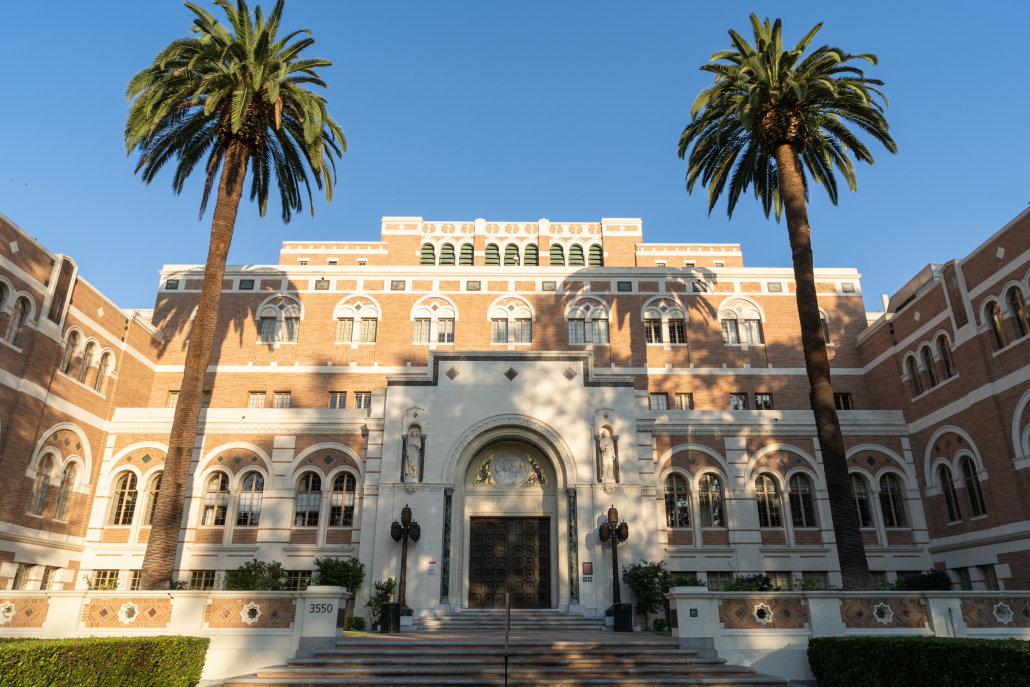 The exterior of Doheny Memorial Library. 