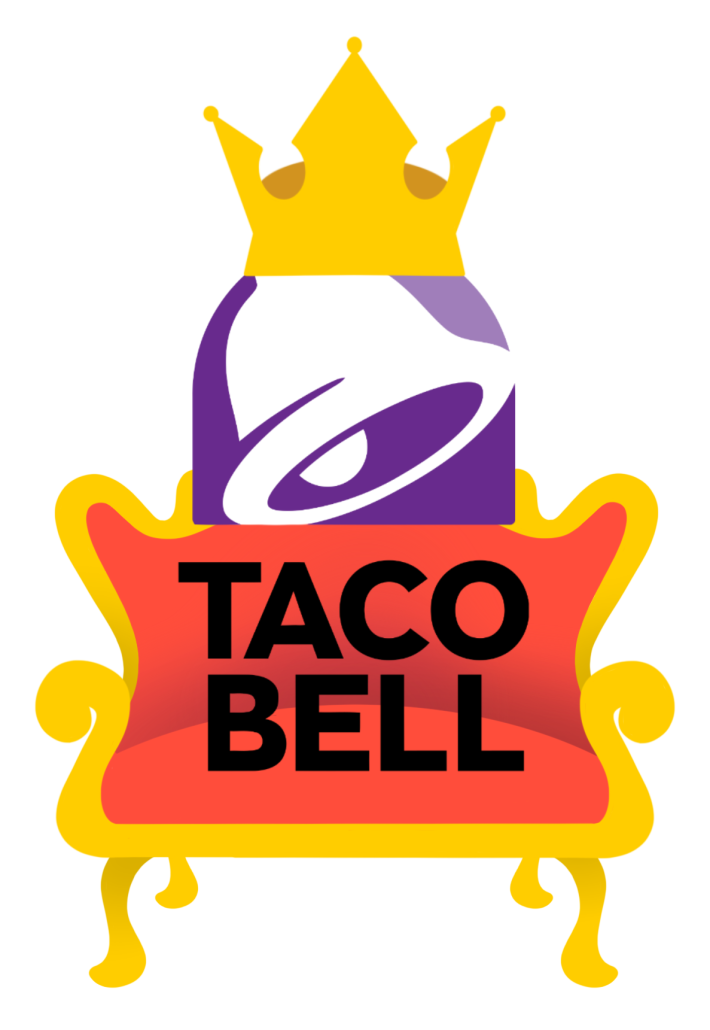 Un design du logo Taco Bell dans une chaise avec une couronne dorée. 
