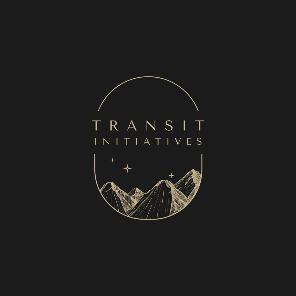 A black background with a gold outline of mountains and stars, with words that read "Transit Initiatives." 