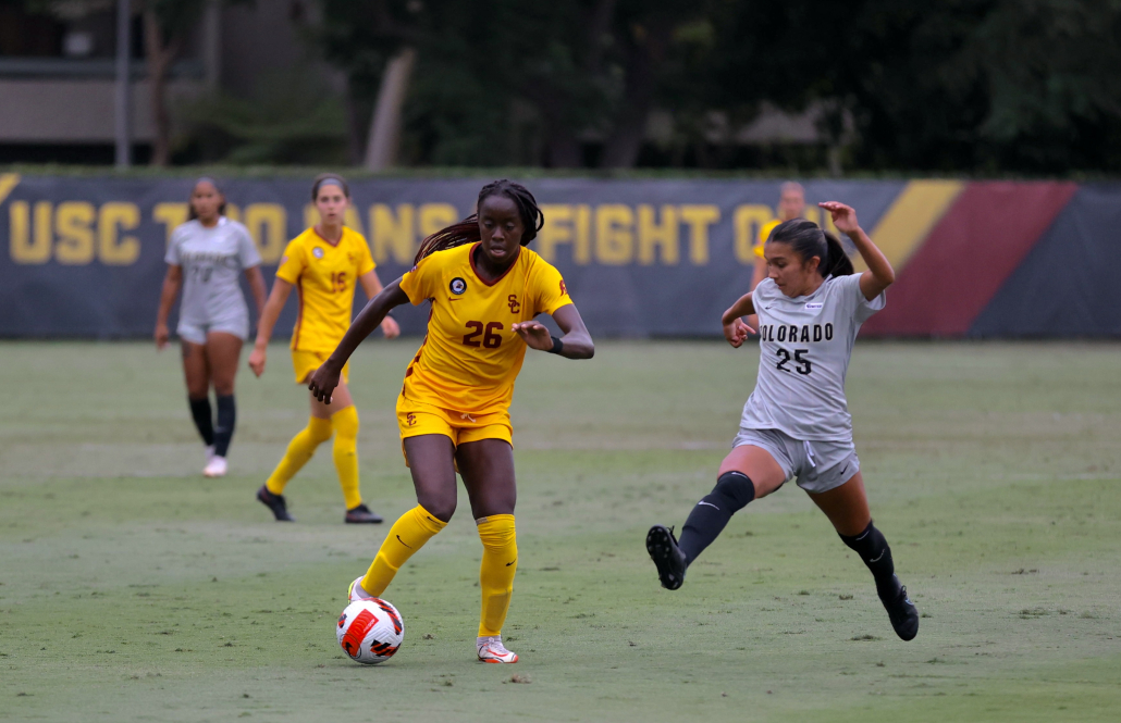 Freshman midfielder Simi Awujo dribbles the ball during a match against Colorado Oct. 7. 
