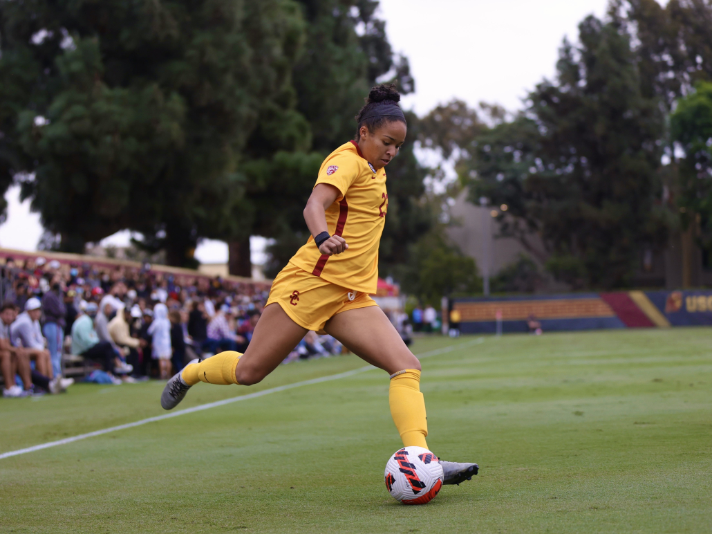 Junior defender Isabel Rolley looks to cross the ball against Colorado Thursday