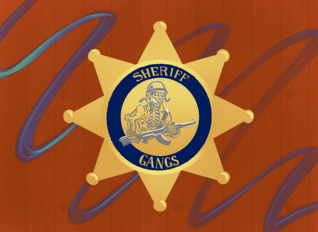 A drawing of a sheriff badge that says, "Sheriff Gangs" with a skeleton holding a rifle in the middle. 
