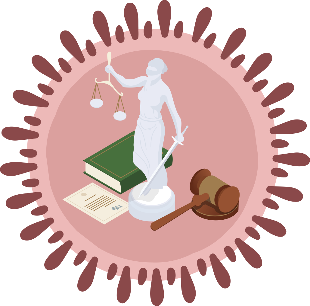A design of a virus cell with different courthouse objects inside it, such as the Lady Justice statue, a gavel, book and document. 