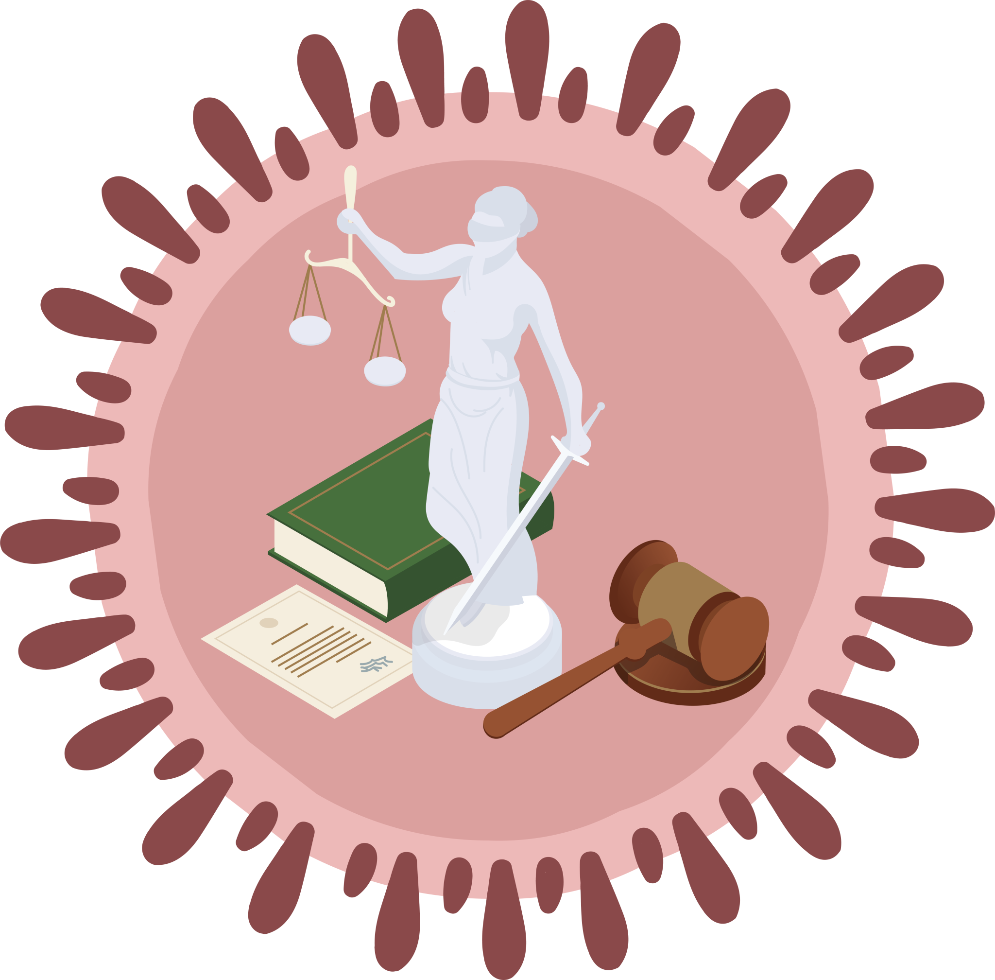 A design of a virus cell with different courthouse objects inside it, such as the Lady Justice statue, a gavel, book and document.