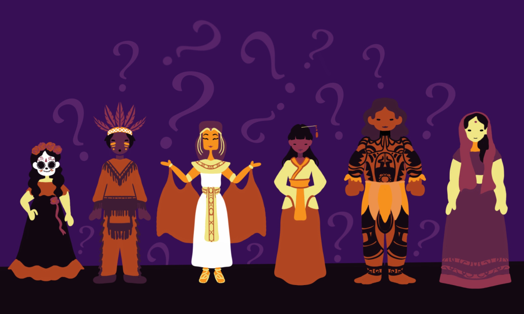 A drawing of six characters in different costumes with question marks in the  background. 