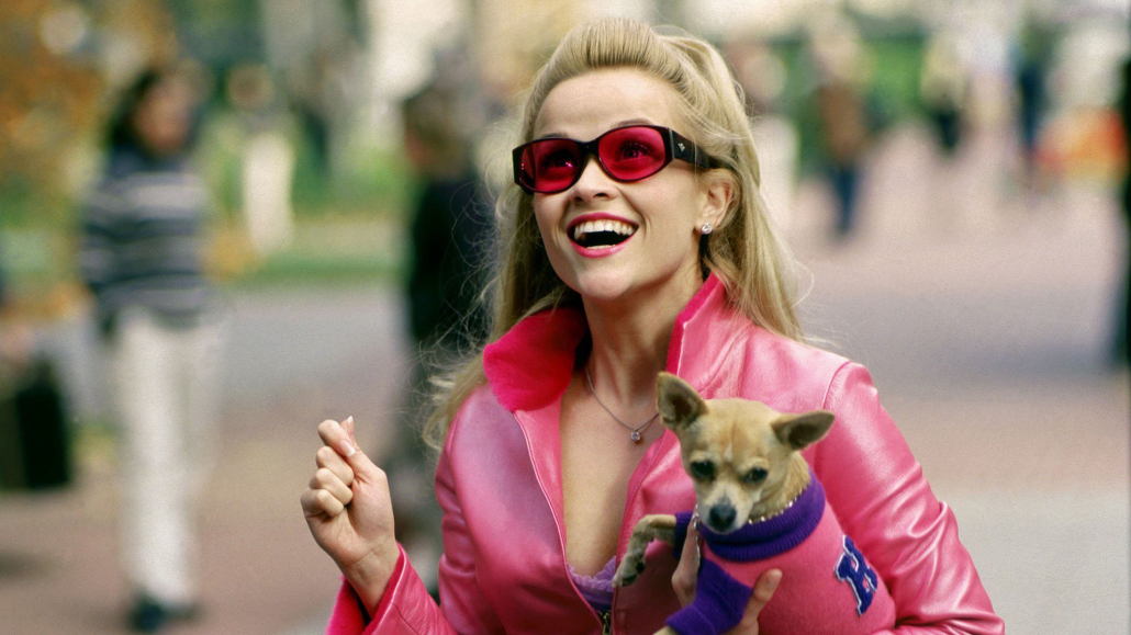 Image of a blonde woman in a pink jacket and glasses with a dog in a pink sweater. 