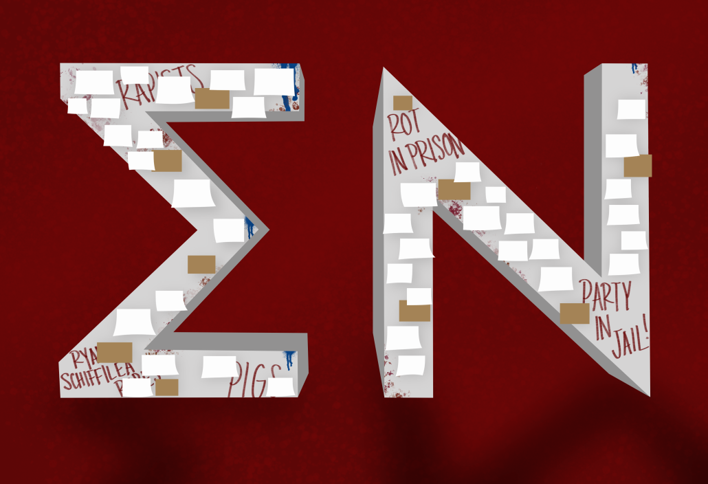 A drawing of the Greek letters "Sigma Nu" with pieces of paper and graffiti, such as "Rot in Prison" on their surface. 