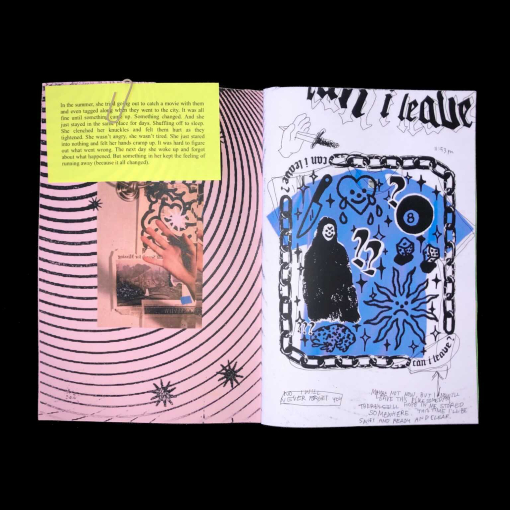 Image of an open zine with images and words.