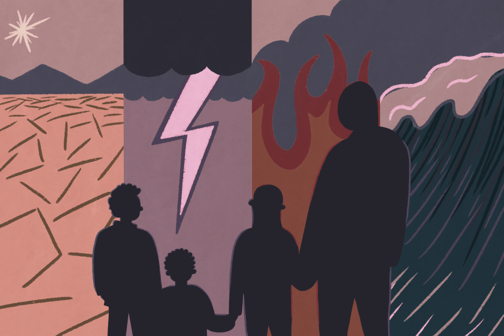 A drawing of four silhouettes holding hands and facing a background of a drought, lightning, fire, and a wave. 