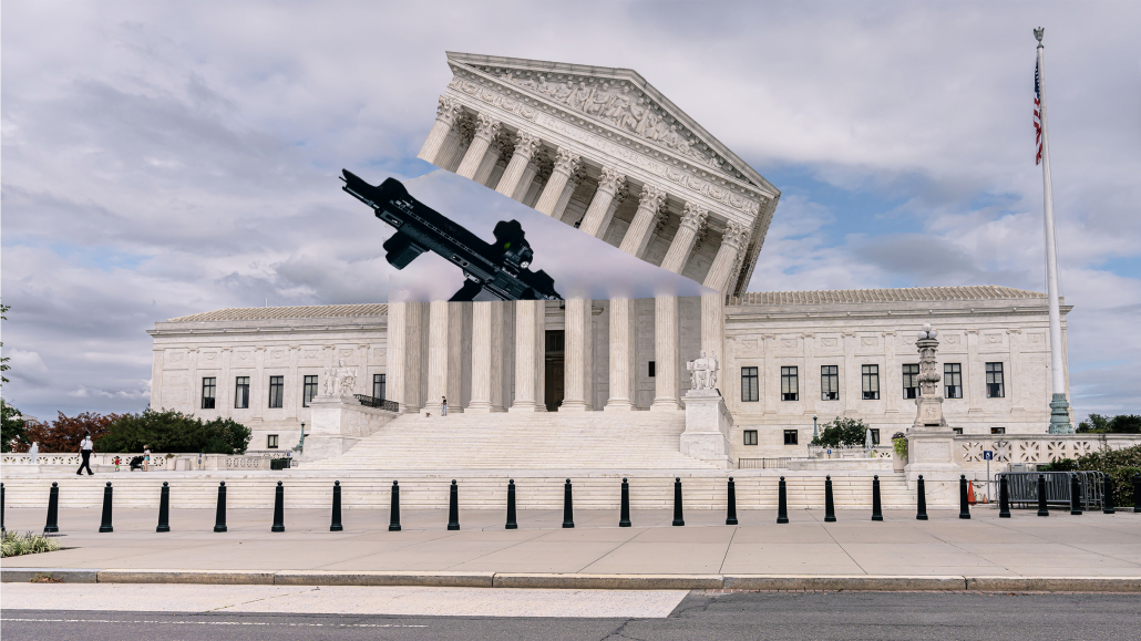 A picture of the Supreme Court building with its roof edited off and a gun peaking out of it. 
