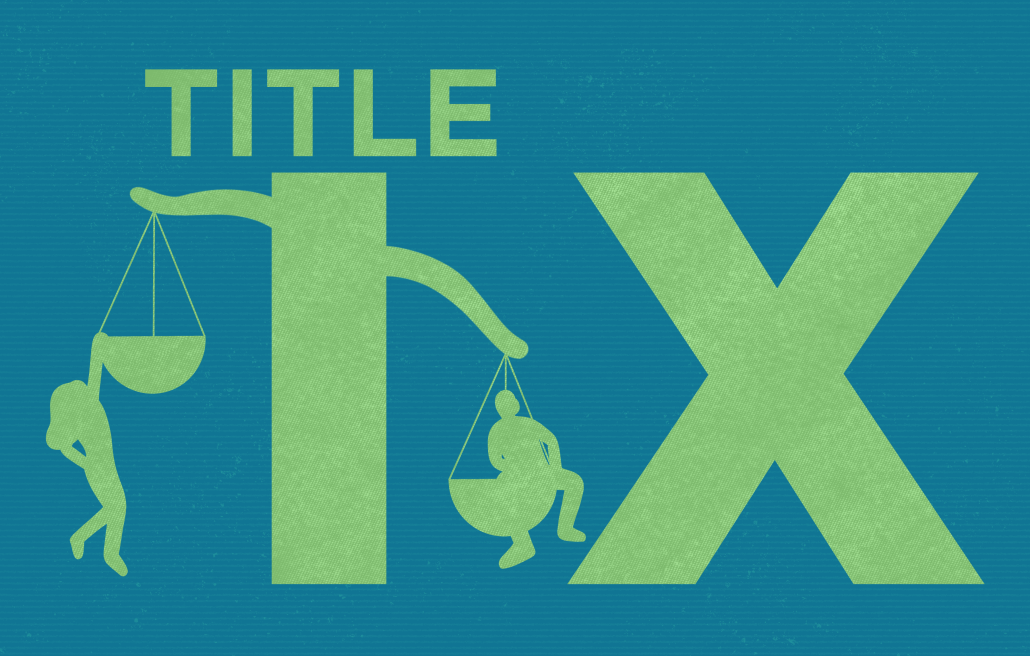 A drawing of "Title IX" with a balance hanging on the top of the "I". A person sits in one side of the balance and another hangs from the top of the other side. 