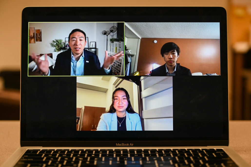 Image of a computer screen featuring a Zoom event with Andrew Yang and moderators Jonathan Wong and So Jung An.