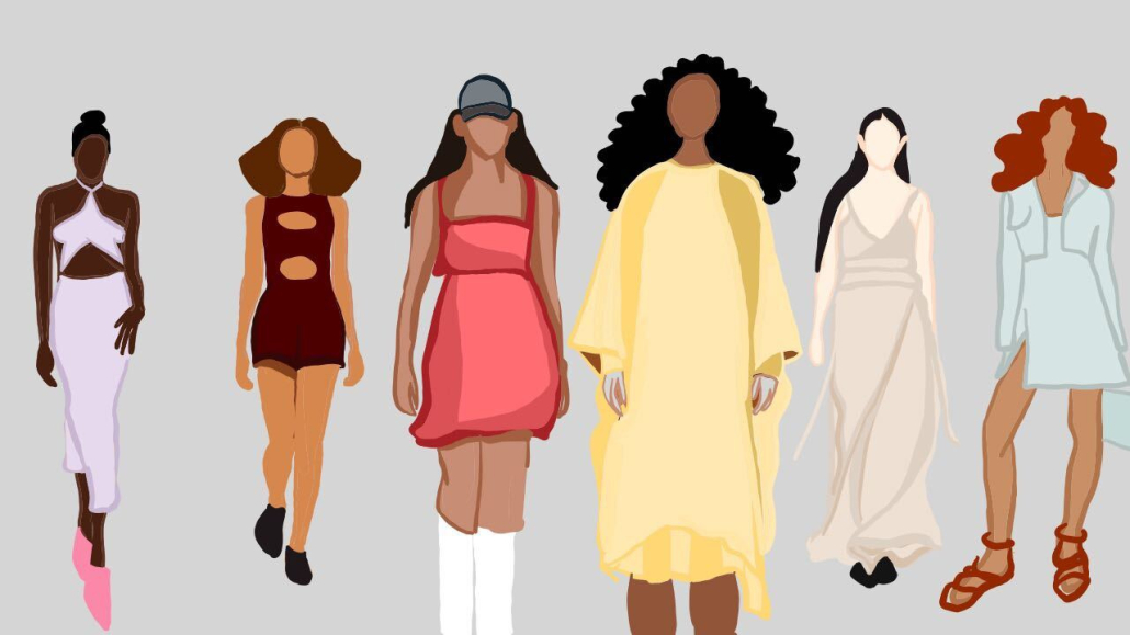 An illustration of six women on a gray background, modeling different predicted trends in fashion for 2022.