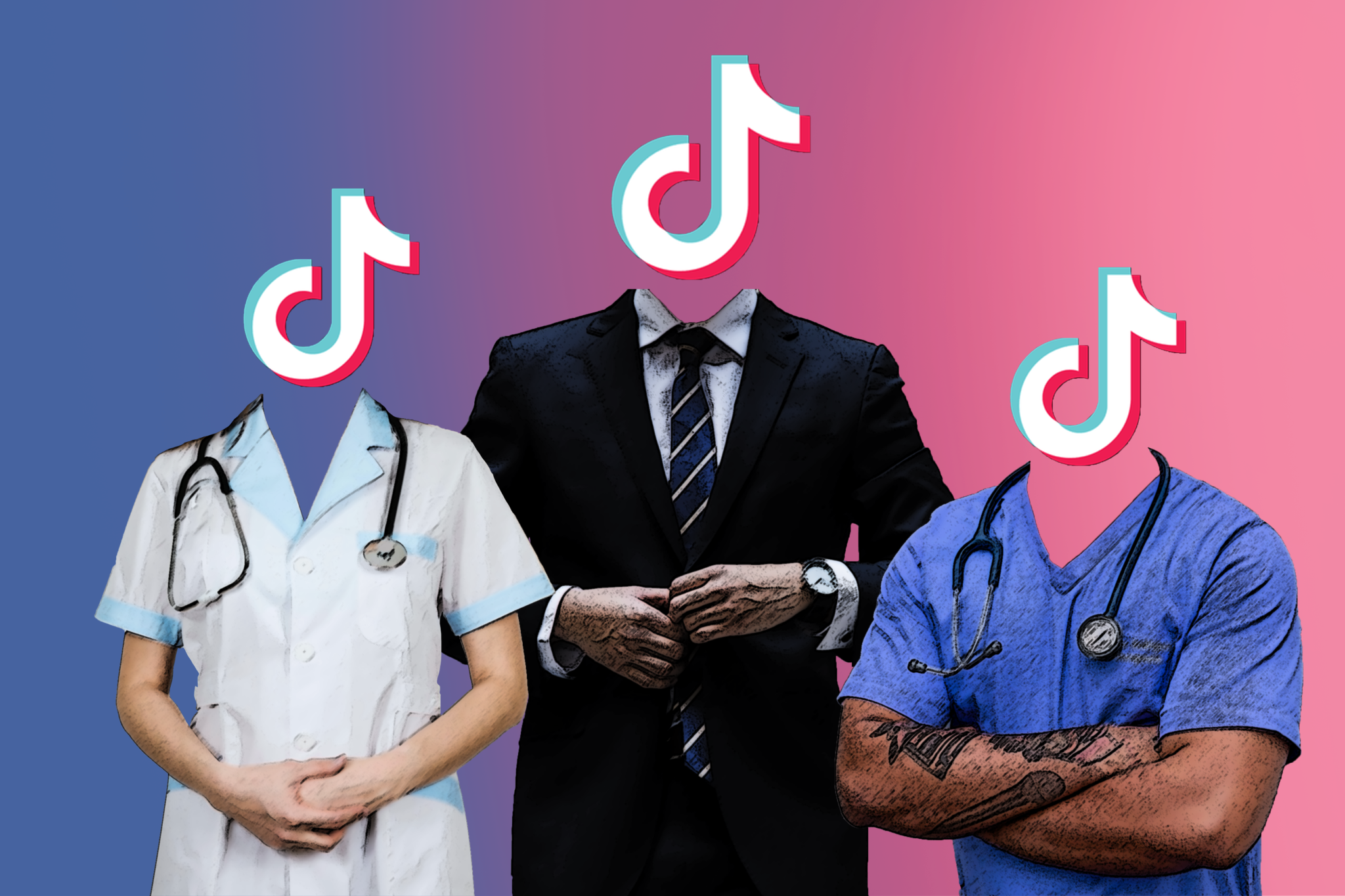 An image of a doctor, lawyer, and surgeon but whose heads are the TikTik logo. Blue to pink ombre background
