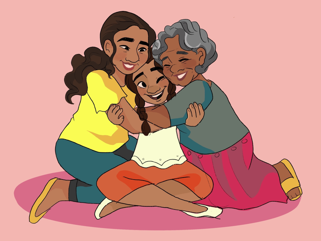 An illustration of a mother and a grandmother hugging their granddaughter. 