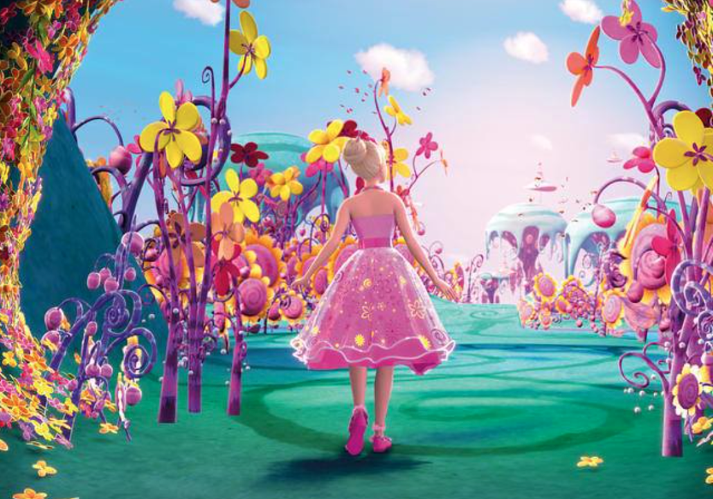 Still of Barbie walking through a brightly colored wonderland in a 2008 Barbie film. 