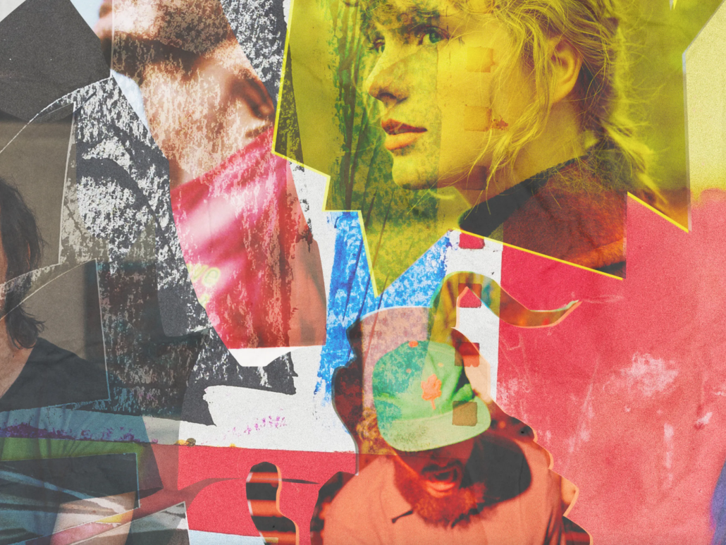 Collage of Taylor Swift and other artists with translucent shapes overlayed.