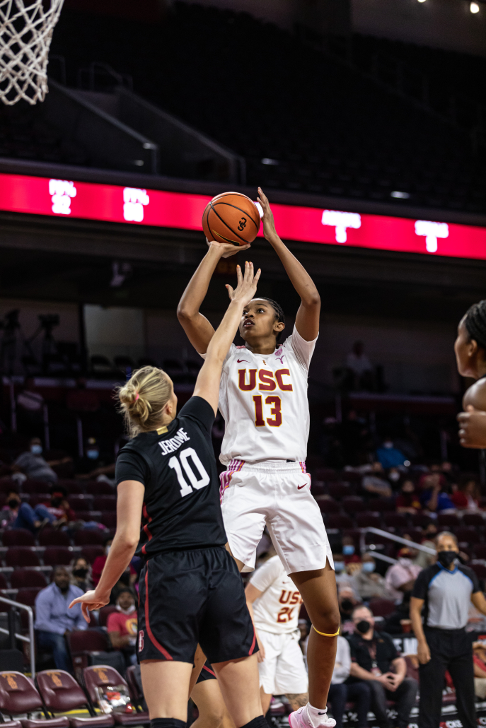 Freshman guard Rayah Marshall rises up for a shot during USC’s 83-57 loss against Stanford Feb. 6. 