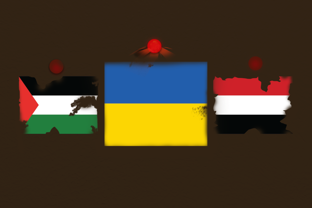 Flags of Palestine, Ukraine and Yemen in that respective order with a dark brown background. The Palestinian and Yemen flags are tattered while Ukraine's flag is larger and brighter right in the center.