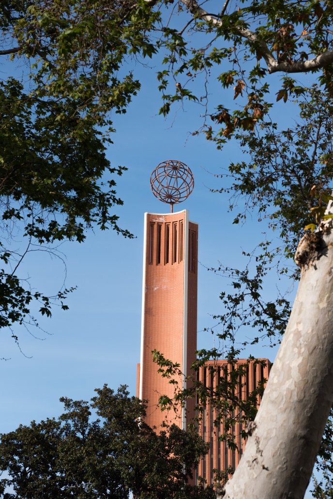 Photo of the tower of the Center for Public Affairs building. 