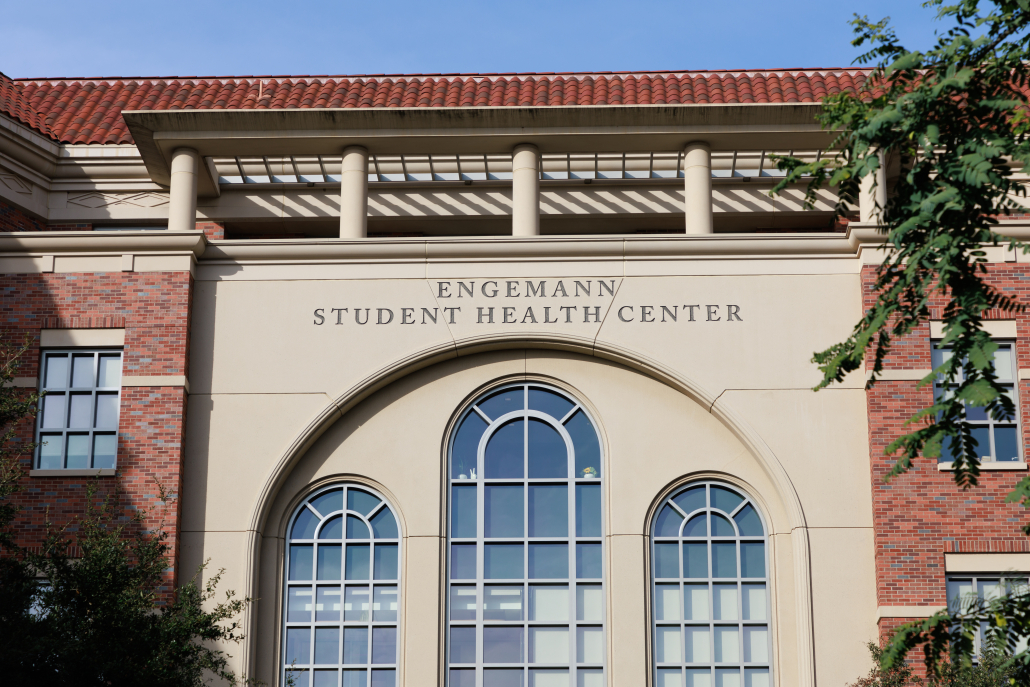 Photo of the lettering above the doors at the Engemann Student Health Center. 