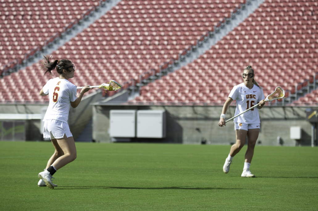 USC women's lacrosse number 6 and number 16 in uniform at a game against Arizona State University