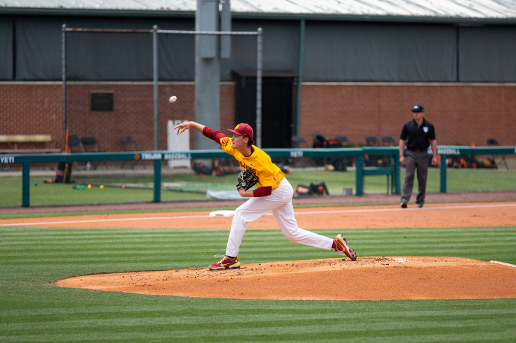 Sophomore pitcher Charlie Hurley throws a pitch on the mound during USC’s game against Oregon State in March. 