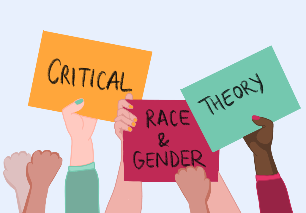 Signs being held saying "critical race and gender theory"