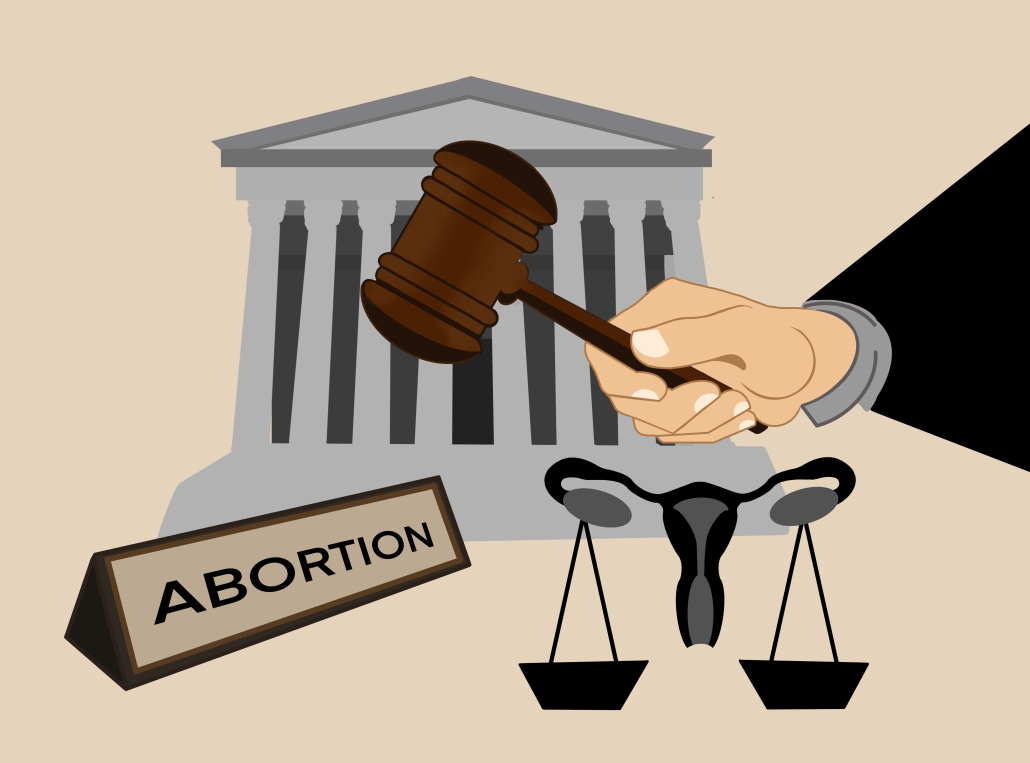 Supreme Court building and in front of it is a Justice with a gavel and a scale of justice but with a silhouette of a uterus and a desk name plate with "abortion" on it. Tan background