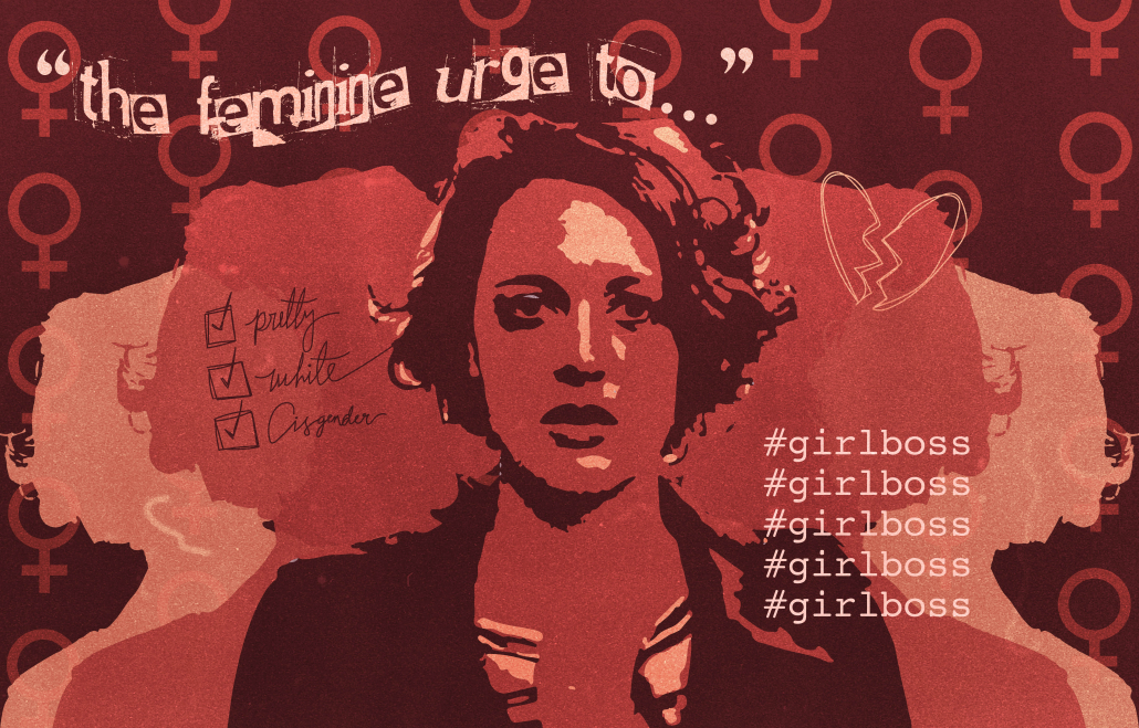Red illustration of the main character from the movie "Fleabag" with the female symbol and the quote that says "the feminine urge to..." and #girlboss 5 times in the corner. A checklist on the let that says pretty, white and cisgender