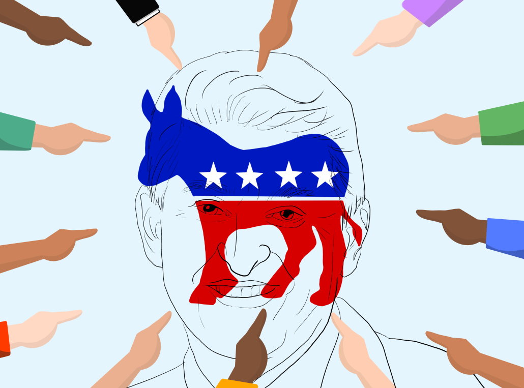 An outline of Joe Manchin behind the Democrat donkey logo with several hands pointing to the image.