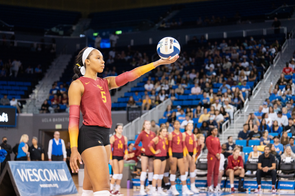 Skylar Fields prepares to serve in USC's win over UCLA. 