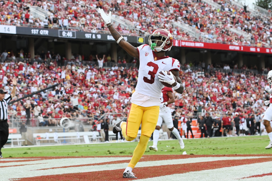 Jordan Addison celebrates a touchdown against Stanford. 