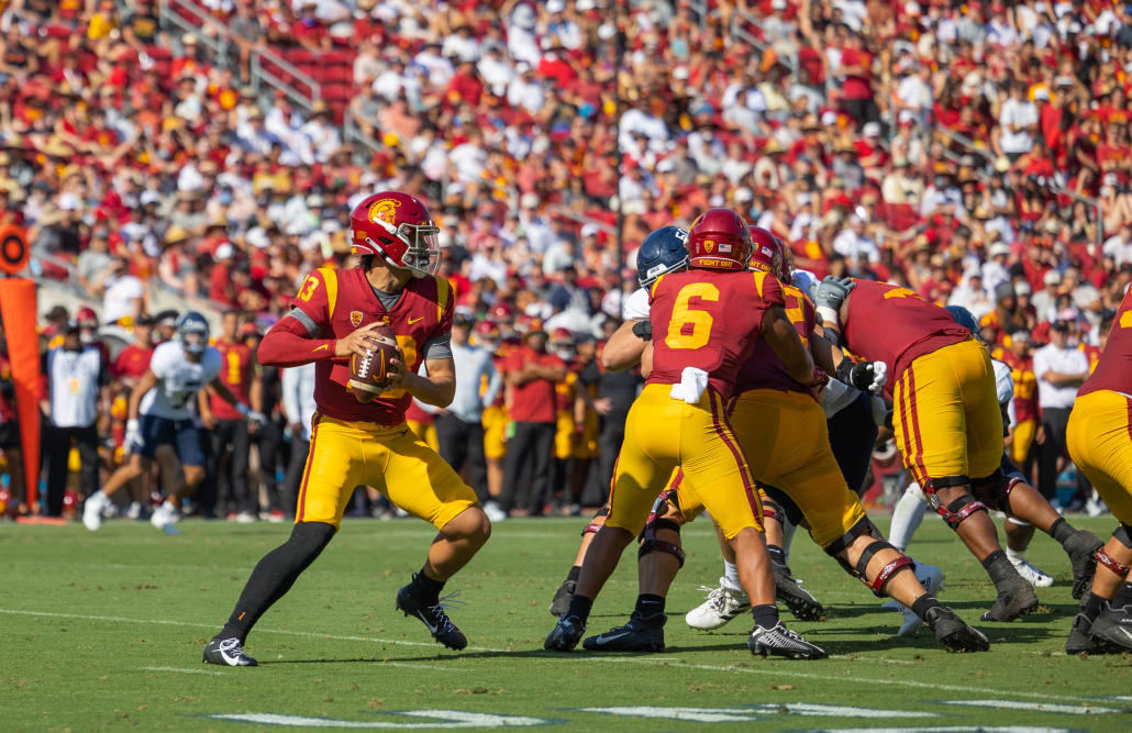 Caleb Williams sits in the pocket in USC's home opener against Rice University. 