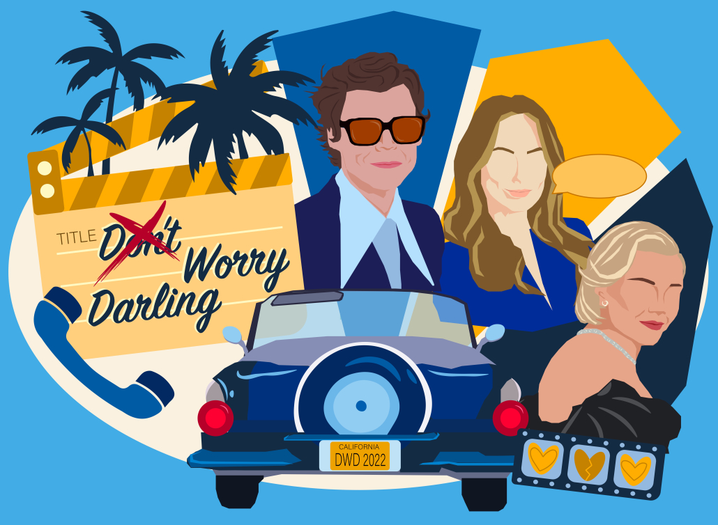 Drawing featuring Harry Styles, Olivia Wilde and Florence Pugh next to symbols of the movie, "Don't Worry Darling" such as a car and a phone.