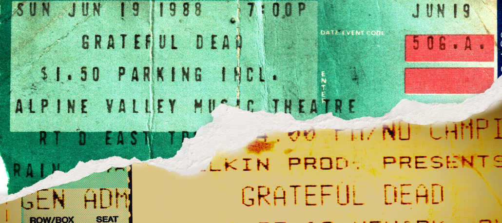 Image of two tickets for a couple of The Grateful Dead's concert.
